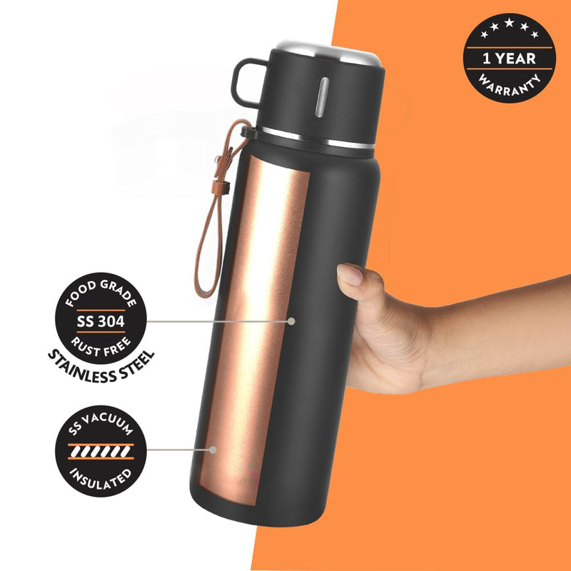 Borosil Hydra Cruise 900 ml Insulated Water Bottle, Black Stainless Steel Bottle, with Double Wall Vacuum Insulation, 17 Hours Hot & 20 Hours Cold, 1 Year Warranty