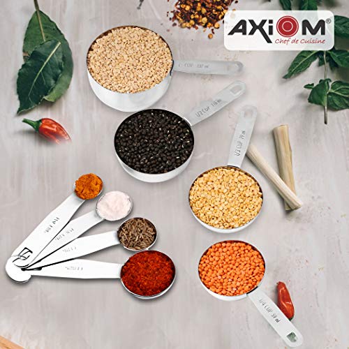 AXIOM Measuring Set of 8 pcs Stainless_Steel Professional Quality for Baking, Cooking, 4 Stackable Measuring Cups and 4 Stackable Measuring Spoons with Measurement Engraving Handle