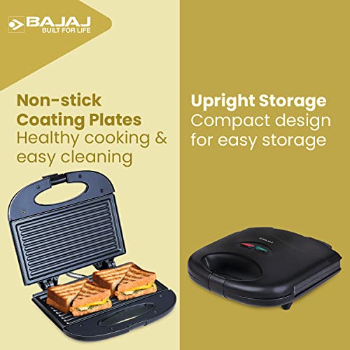 Bajaj SWX 4 Deluxe 800-Watt 2-Slice Grill Sandwich Maker | Non-Stick Coated Plates for Easy-to-Clean | Upright Compact Storage | Buckle Clips Lock | 2-Yr Warranty by Bajaj | Black Sandwich Toaster