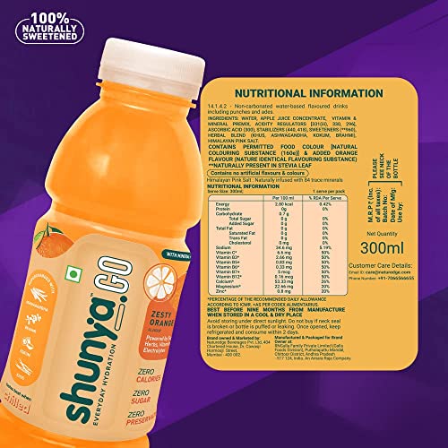 Shunya Go Zesty Orange | Sugar Free Drink | Immunity-Boosting | 0 Calories & 0 Preservatives | Everyday Hydration Vitamins, Minerals & Electrolytes | Pack of (300ml X 6)