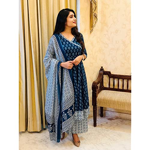 KLOSIA Women's Rayon Anarkali Kurta Pant and Dupatta Set (Large) Blue