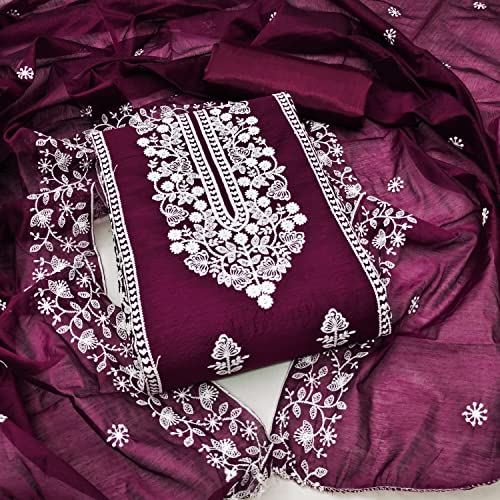 Cloth Clock Women's Heavy Chanderi Cotton Embroidery Work Unstitched Salwar Suit Dress Material With Chanderi Work Dupatta (Free Size_Multi Color) (Wine)
