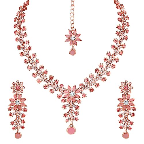 Atasi International Rose Gold Plated Mint Pink Diamond Necklace/Jewellery Set for Women with Earrings and Maang Tikka (RGP1965)