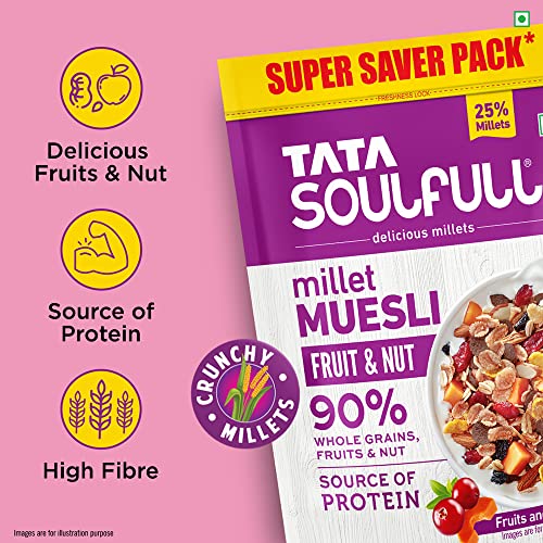 Tata Soulfull Millet Muesli | Fruit & Nut | With 25% Crunchy Millets | 90% Whole Grains | Source of Protein | 700 g