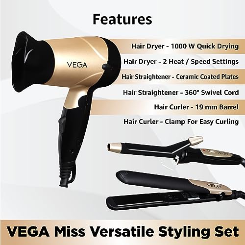 VEGA Miss Versatile Styling Set Straightener, Curler & Dryer Gift Combo (VHSS-03)Black