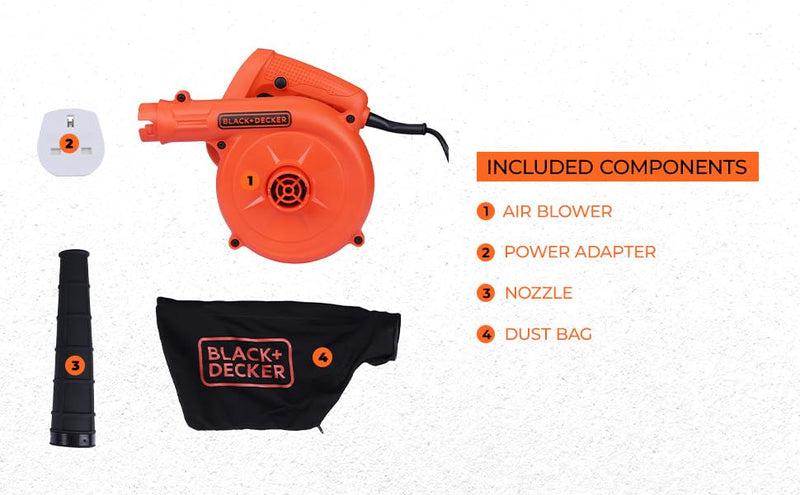 BLACK+DECKER BDB530 530W Single Speed Air Blower with Dual Modes of Blowing & Suction and Attached Dust Bag for Dirt Collection for Home & DIY Use, 1 Year Warranty, ORANGE & BLACK