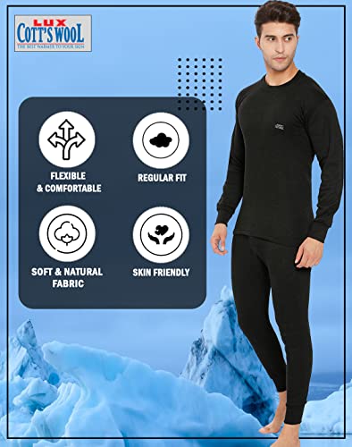 Lux Cottswool Men's Cotton R-Neck Thermal Set (Black, M- 85CM)