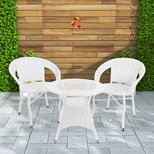 CORAZZIN Garden Patio Seating Chair and Table Set with Glass Balcony Outdoor Furniture with 1 Tables and 2 Chair Set (White)