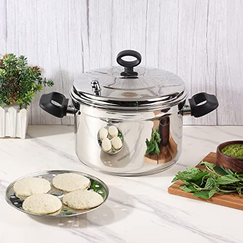 Vinod Stainless Steel Idli Pot/Idli Cooking Pot /6 Pcs Plates Induction Base Idly Maker Large /36 Cm (Makes Upto 24 Idli At A Time), Silver (36 X 23.5 X 23 Lxwxh), 1 Liter