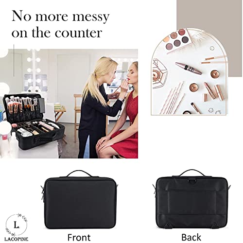 LACOPINE Travel Professional Makeup Case Organizer Bag for Women | Portable Artist Storage Makeup Brush Bag with Adjustable Dividers (Black, 18 INCH (2 Layer))