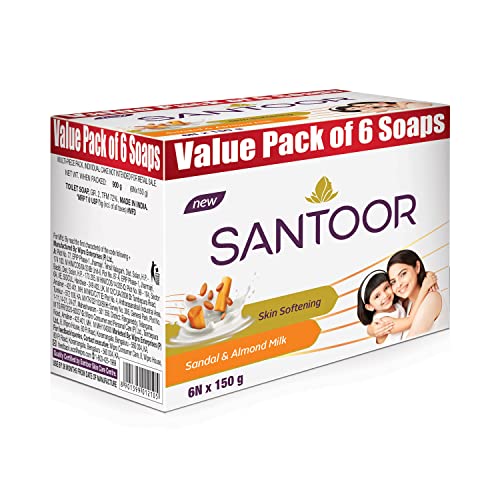 Santoor Sandalwood and Almond milk Organic Soft Bath Soap for Softer, Smoother and Moisturised Skin, Combo Offer 150 g pack of 6