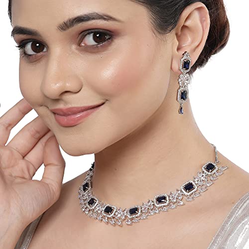 ZENEME Rhodium-Plated with Silver-Toned Blue and White American Diamond Studded Necklace and Earrings Jewellery Set (Blue) For Women