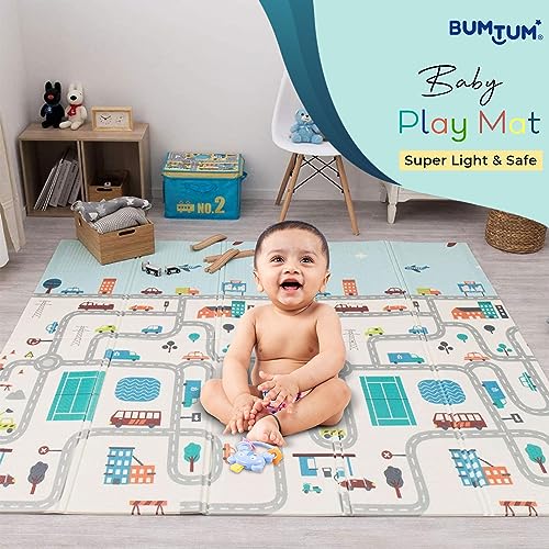 BUMTUM Waterproof Portable Double Side Soft Reversible Non Toxic BPA Free Learning & Crawling Foldable Foam Baby Play Mat for Toddler, Infant & Kids