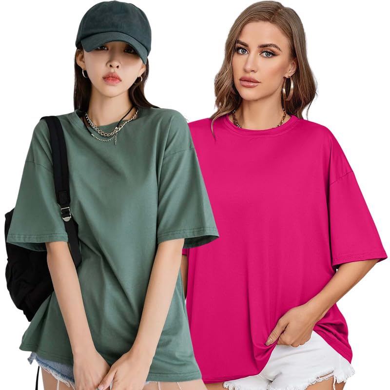 London Hills Women's Casual Round Neck Solid, Oversized Longline Drop Shoulder T-Shirt Green_ Magenta