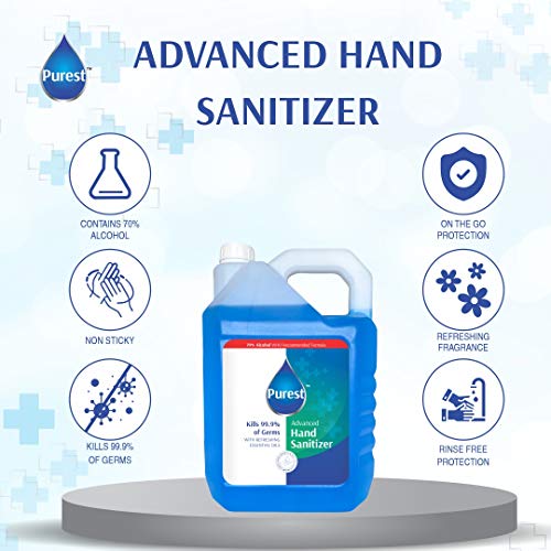 Purest Advanced Blue Liquid Sanitizer Hand Sanitizer 68% Alcohol-Based Kills 99.9% of Germs Without Soap And Water 5 Litre Net 5000 ml Refill Pack Can, (WHO Recommended Formula)