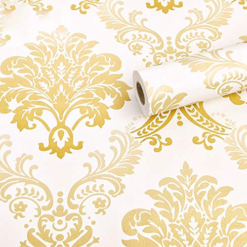 wolpin Wall Stickers DIY Wallpaper (45 x 500 cm) Floral Damask Self Adhesive, Living Room, Hall, Sofa Background Decal, Gold