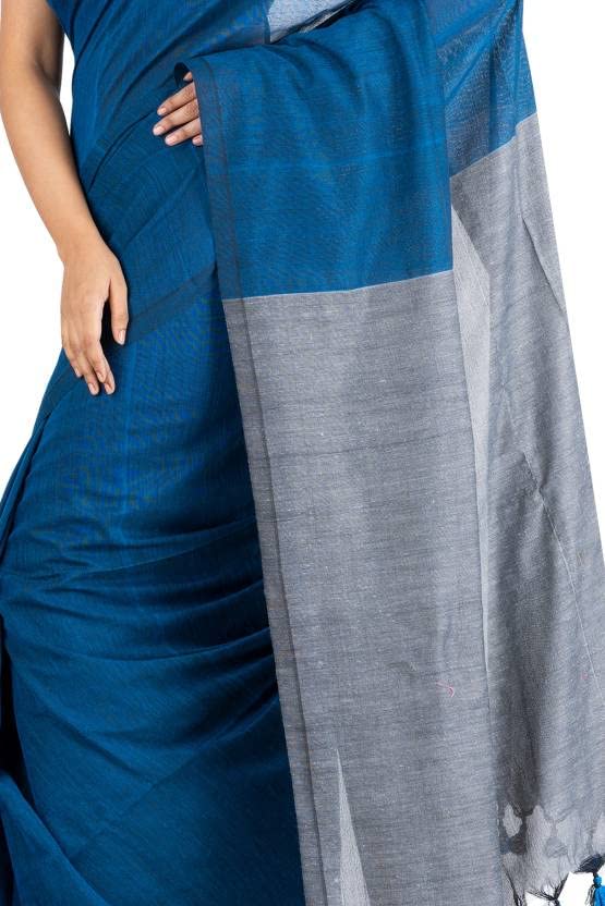 Bong ButiQ Women & Girls Embroidered Solid/Plain Bollywood Handloom Cotton Blend Saree For Office | Party | Casual (Blue)