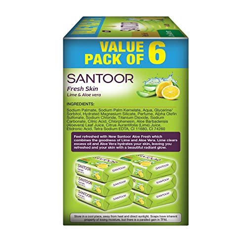 Santoor Aloe Fresh Soap, 125g (Pack of 6) with Aloe Vera and Lime