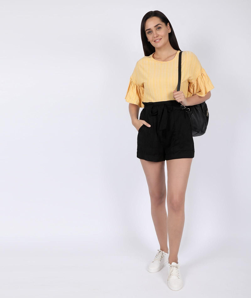 Flared Sleeve Striped Women's Yellow Top