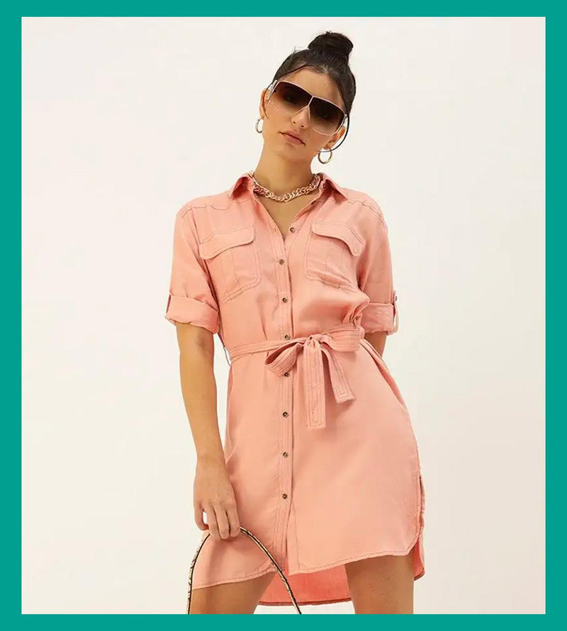 Style Quotient Women Pink Solid Shirt Dress With Belt