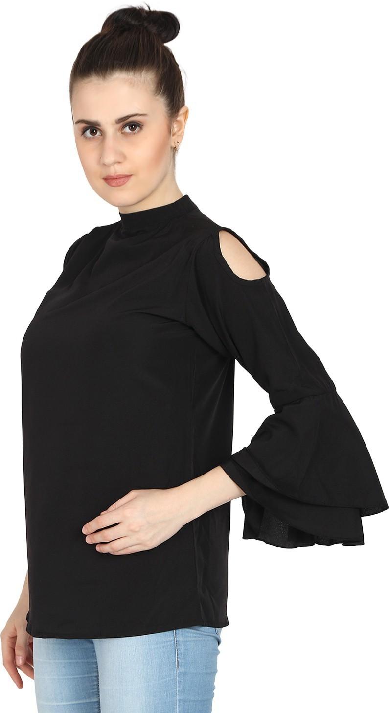 Women's Poly Crepe Solid Cold Shoulder Top