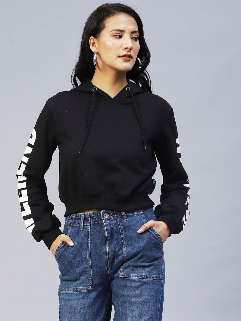 Rigo Women's Fleece Black Hooded Printed Sleeves Fleece Sweatshirt