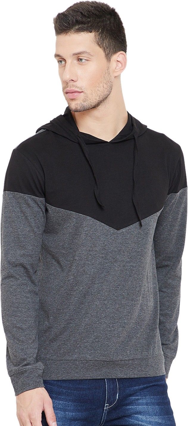 Pure Cotton Color Block  Full Sleeves Mens Hooded Neck T-Shirt