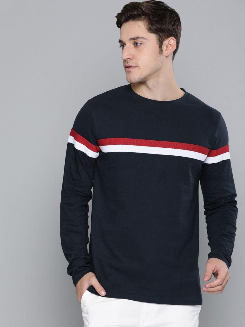 Cotton Solid With Striped Full Sleeves T-Shirt