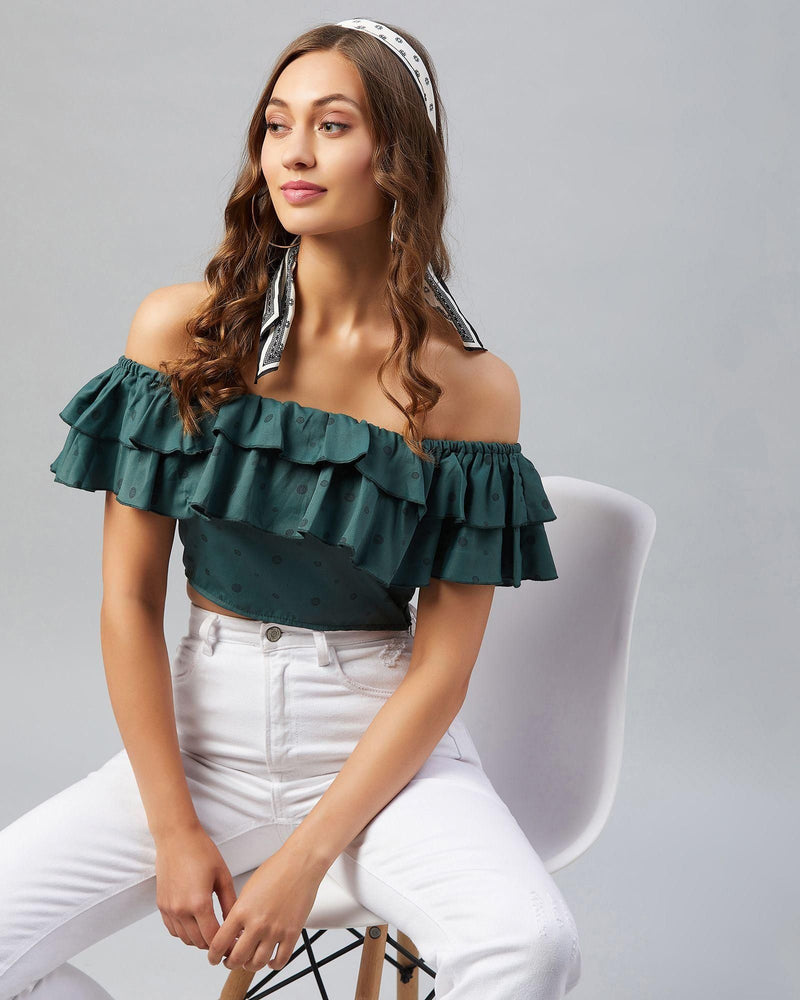 Women's Green Doted Ruffled Crop Top