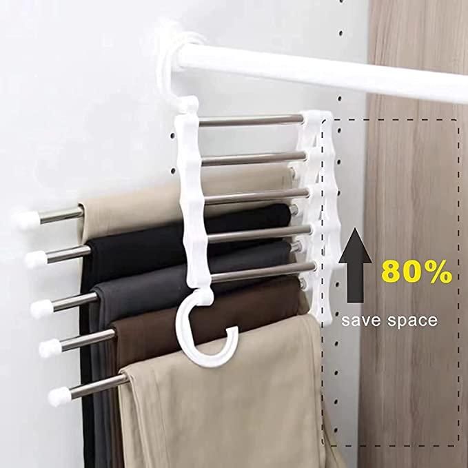 Hanger- 5 Layer Hanger Space Saving Non-Slip Cloth Organizer , 5 In 1 Multifunctional Layer Pant Rack For Trouser Scarf And Travel Storage