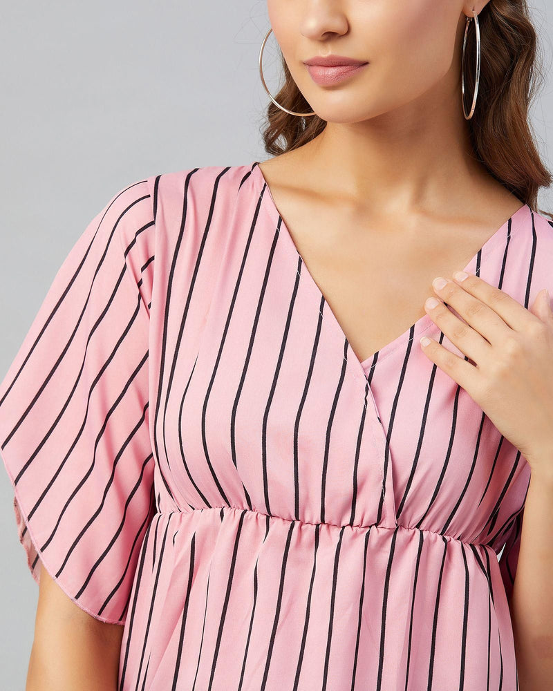 Women's Pink Striped Crepe Asymmetrical Top