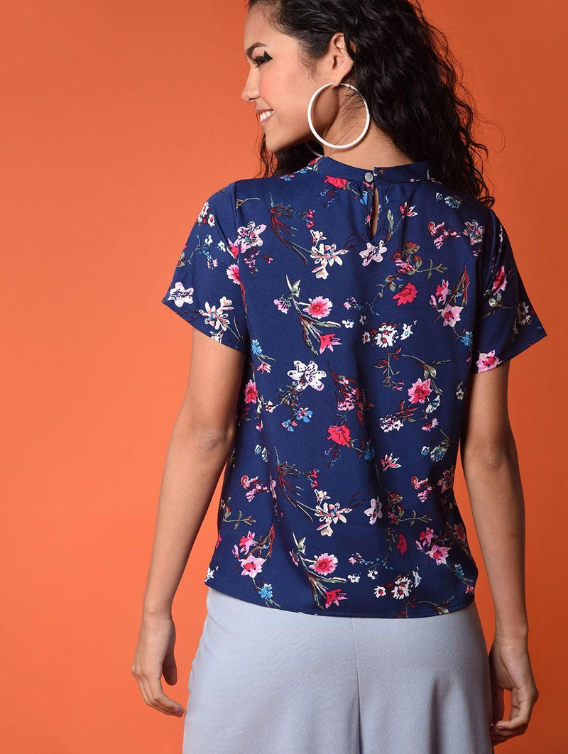 Short Sleeve Floral Print Women Navy Top