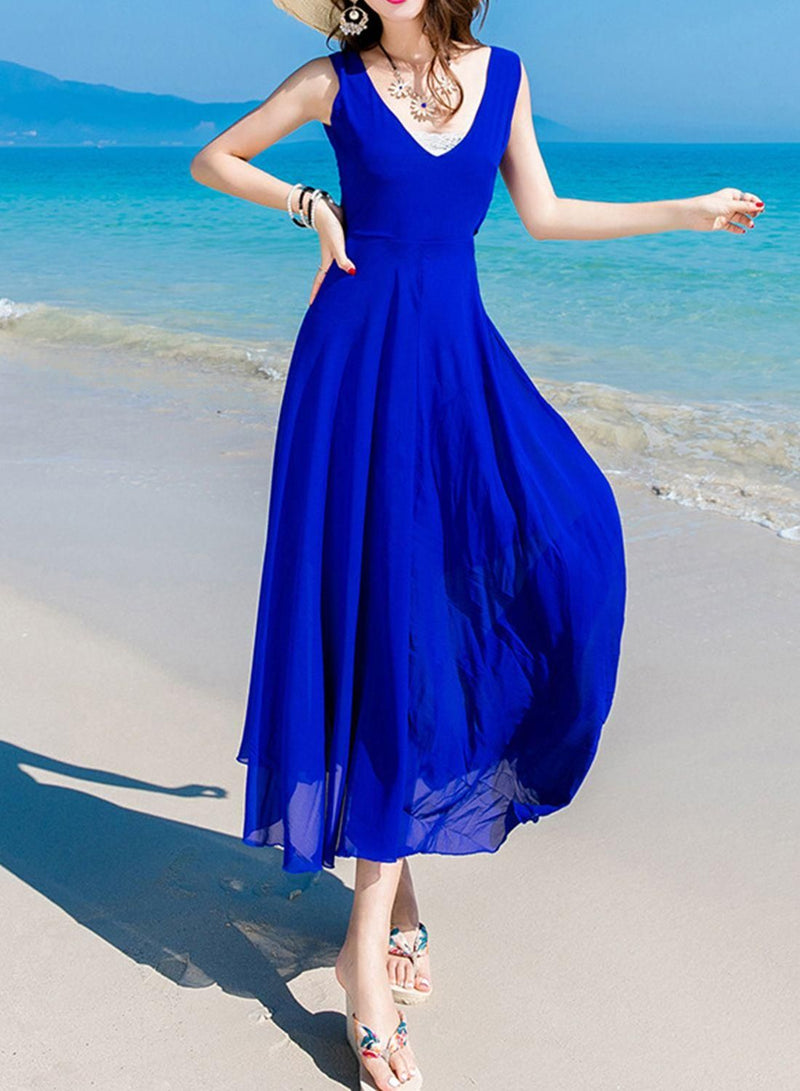 Women's Royal Blue Baddi Georgette Solid Maxi Dress