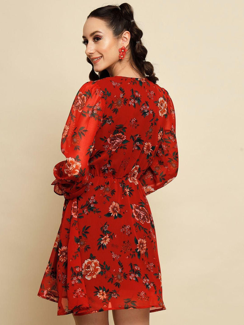 TRENDARREST Women's Red Floral Printed Overlap Dress