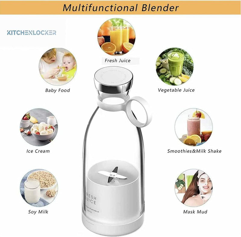 Rechargeable Portable USB Juicer Bottle Electric Mixer Blender Smoothie Maker Grinder -4 Stainless Steel Blades 30 watts 380ml For Fruits, Drinks, Shakes Sports, Travel, Outdoor, Gym, Kitchen