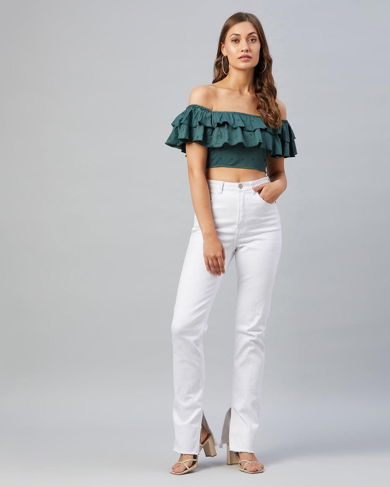 Women's Green Doted Ruffled Crop Top