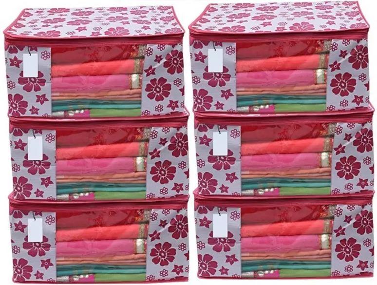 Polka Pink Flower Design Pack Of 6 Non Woven Fabric Saree Cover/ Clothes Small Travel Bag