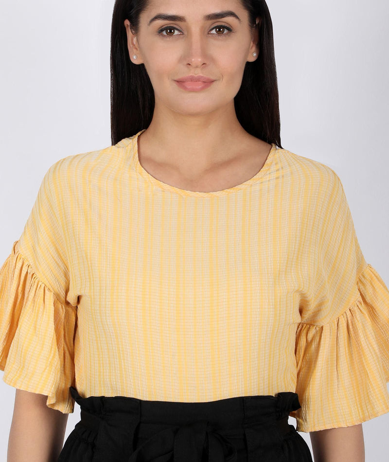 Flared Sleeve Striped Women's Yellow Top