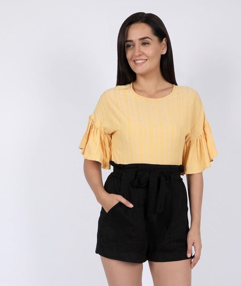 Flared Sleeve Striped Women's Yellow Top