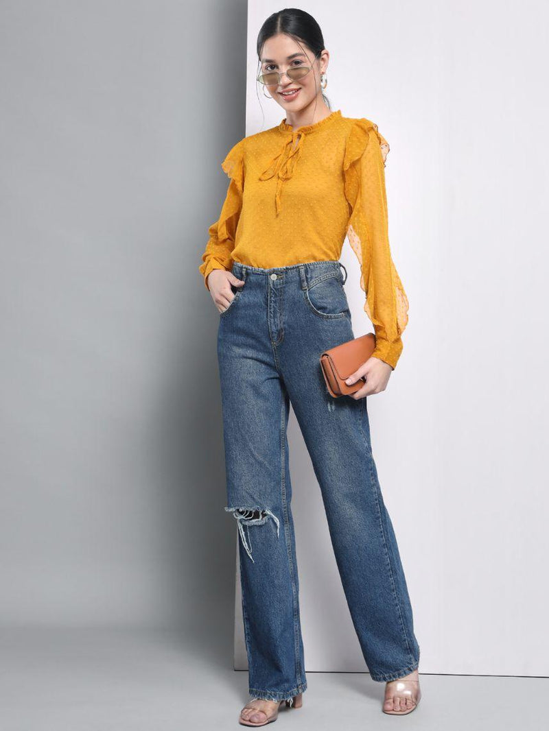 Trend Arrest Women's Polyester Yellow Dobby Ruffle Sleeve Top