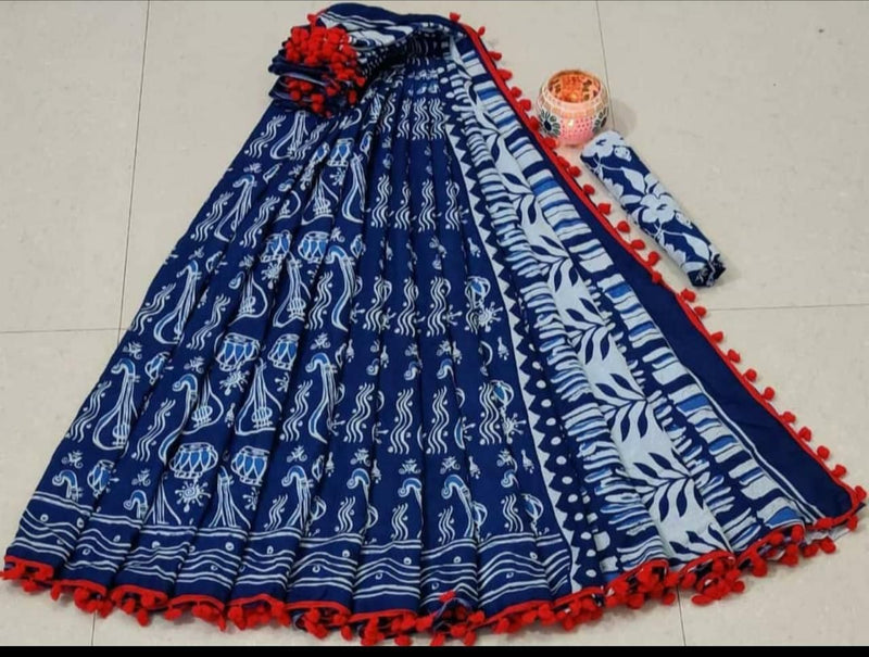 Elegant Printed Cotton Saree With Pompom Border