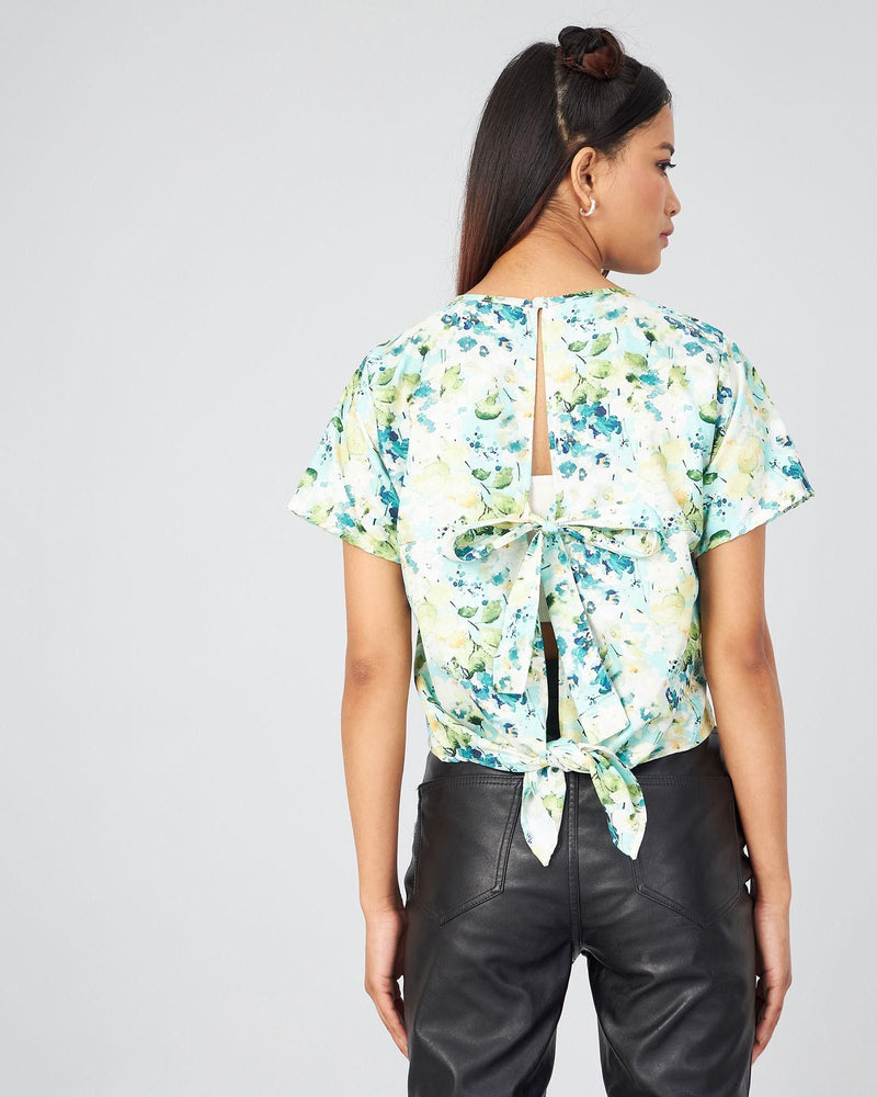 Women Skyblue Flower Printed  Back Side Open Top