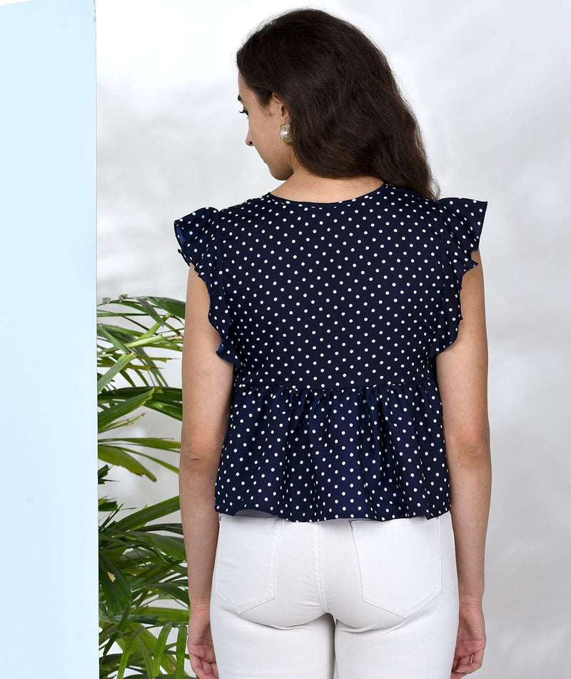 Women Navy Polka Doted Crepe Ruffled Top