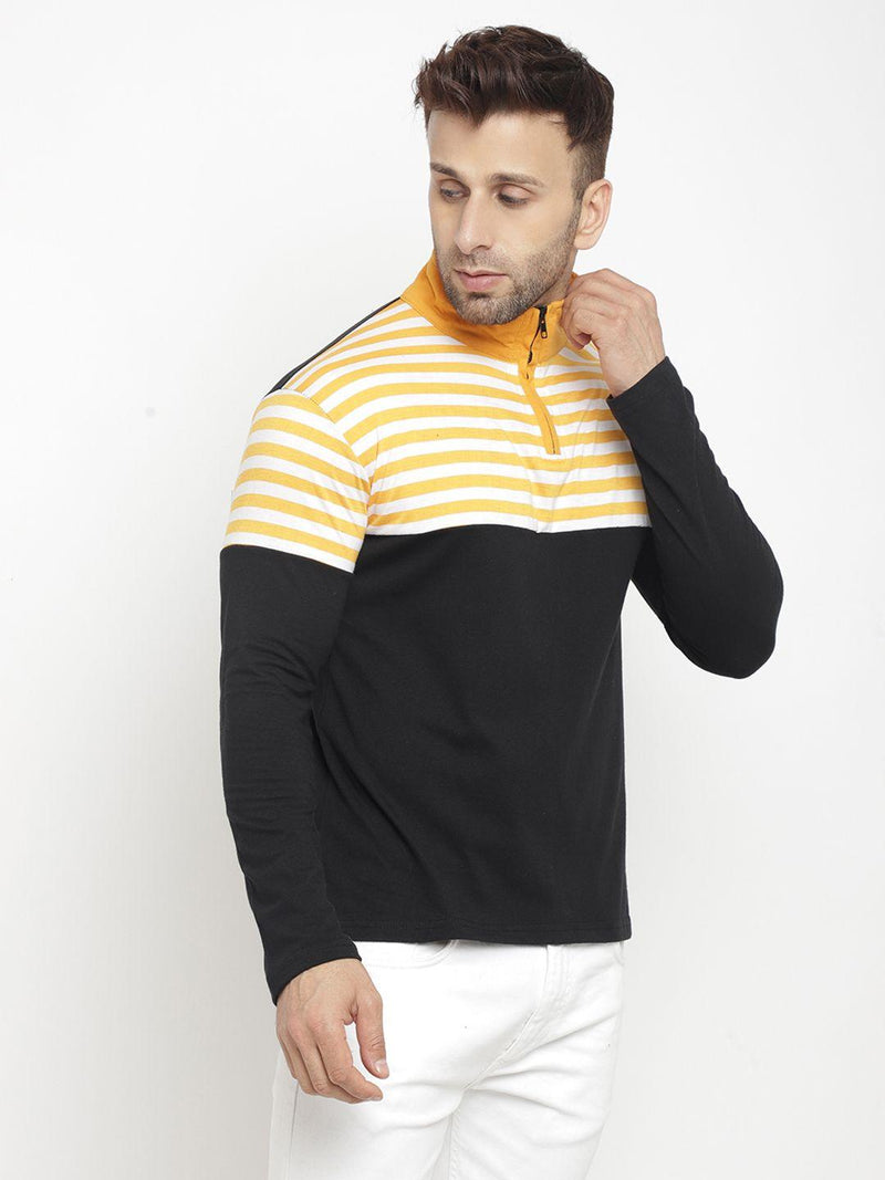 Cotton Blend Solid With Stripes Full Sleeves Mens Style Neck T-Shirt