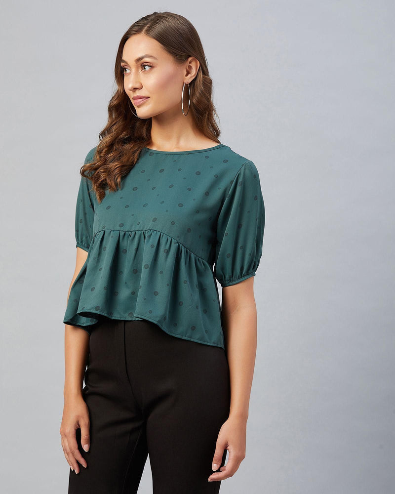 Women's Green Doted Ruffled Style Top