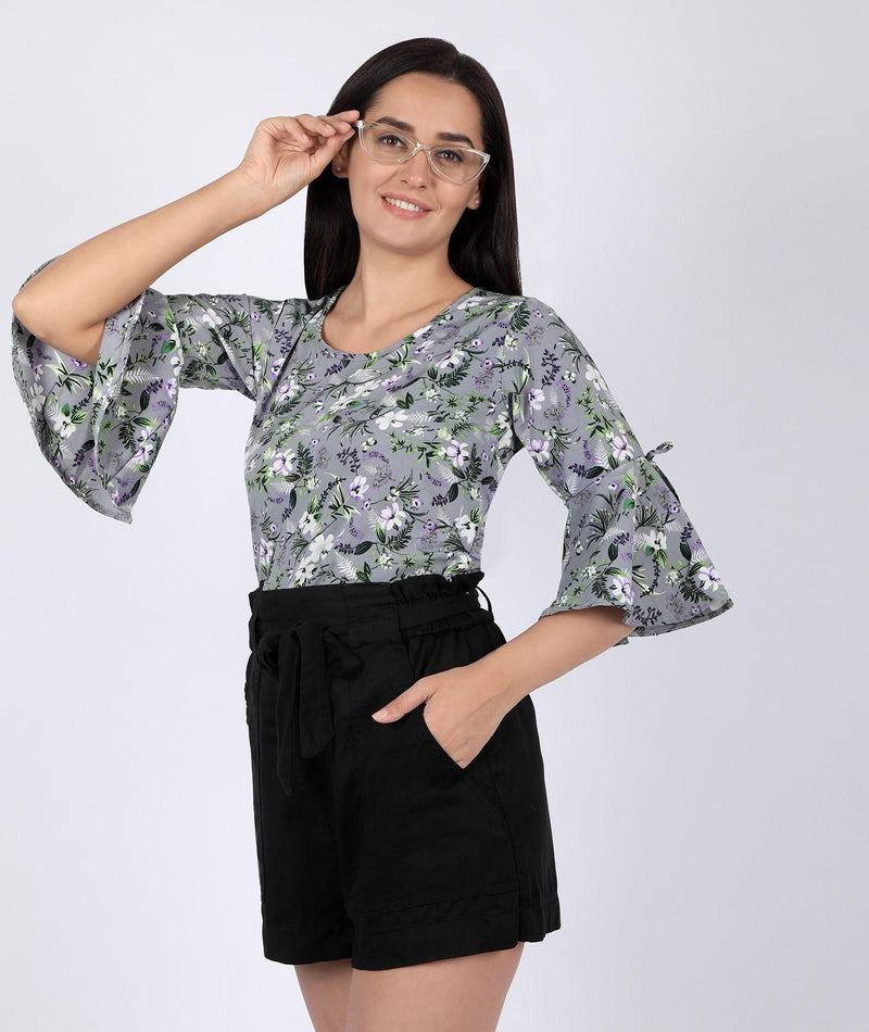 Casual Bell Sleeve Floral Print Women Grey Top