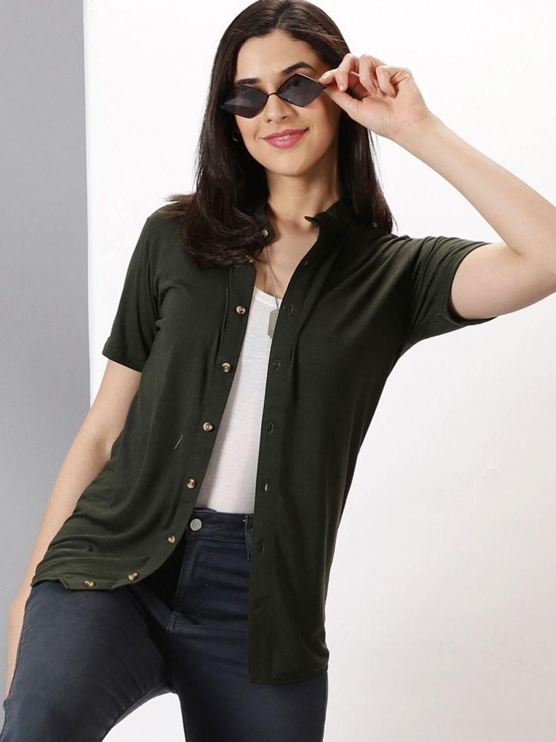 Gespo Women's Dark Green Solid Mandarin Collar Half Sleeve Casual Shirt
