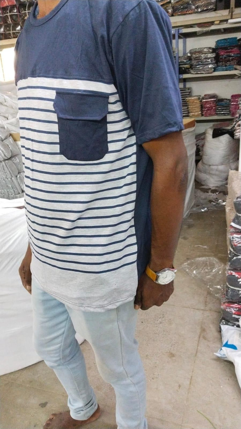 Cotton Stripes Half Sleeves Mens Round Neck T-shirt