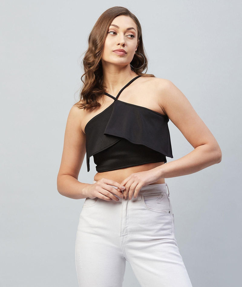 Women's Solid Tie Up Neck Black Crop Top