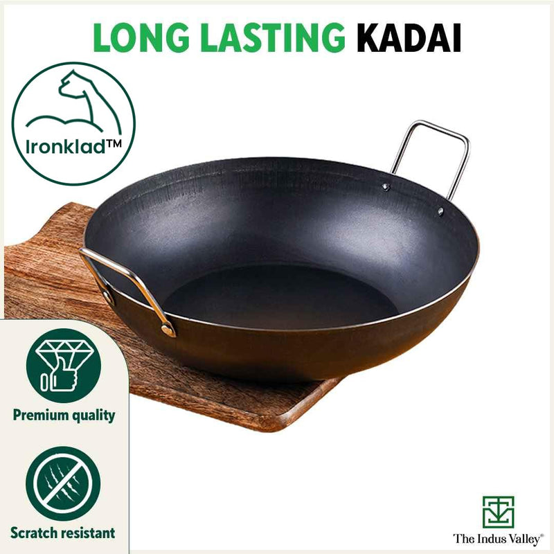 The Indus Valley Pre-Seasoned Iron Cookware Set + Free Wok (25 cm) | Kadai (24 cm) + Fry Pan (24 cm) + Tawa (26 cm) | Kitchen Cooking Combo Pots and Pans Set of 4Pcs | Naturally Nonstick